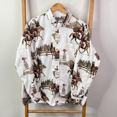 Bit & Bridle Button Down Shirt Men Medium White Santa Print Long Sleeve Holiday
