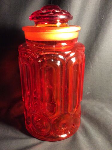 VINTAGE L. E. SMITH AMBERINA MOND UND STERNE ROT/ORANGE KANISTER GLAS MIT DECKEL groß - Bild 2 von 10
