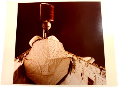 Official 1982 NASA Shuttle STS-5 Deploying Anik-C3 Color Photo w Stamp 8x10