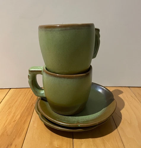 Vintage Frankoma Pottery Plainsman 5C Coffee Mug Cup Saucer Prairie Green USA