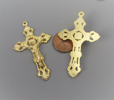 2 pc FILIGREE Large Crucifix Cross Rosary ITALY Rosaries Parts C106 finish Gold