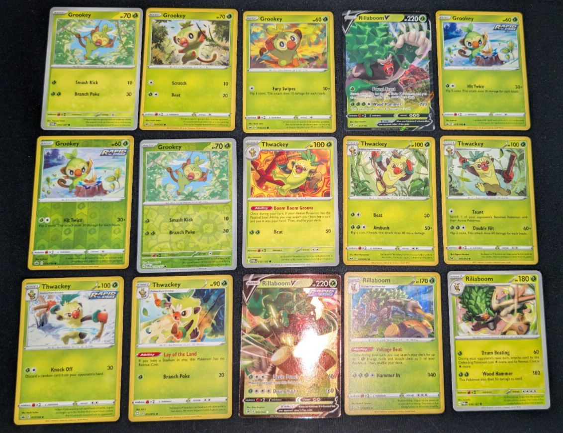 Grookey Thwackey Rillaboom Pokemon Card Collection Set of 15 English Rare Holo V