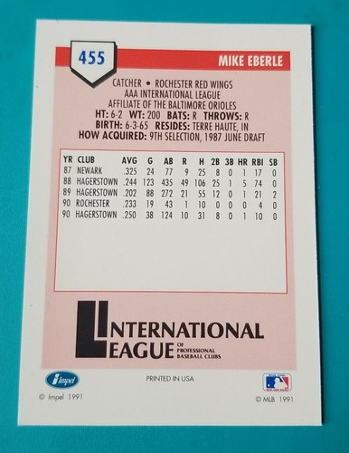 Mike Eberle 1991 Line Drive AAA #455 - Rochester Red Wings - Imagen 2 de 2