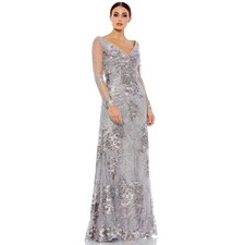 Mac Duggal 67539 Embellished Lace V Neck Illusion Gown Size 16 Platinum NWT