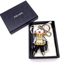 Prada Robot figure Keychain Bag Charm Gold Black Leather Studded 4.3in w/Box