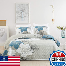 DJY 3 Pieces Quilt Set King Blue Floral Pattern Quilt Coverlet Elegant Bohemian