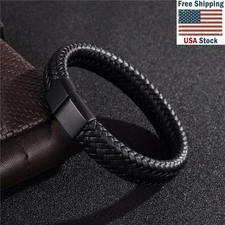 7.5" Black Bracelet Men's Braided Leather Bangle Stainless Steel Cuff Wristband