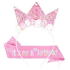 8th Birthday Headband Sash Set - Floral Princess Crown Headband for Pink 8th