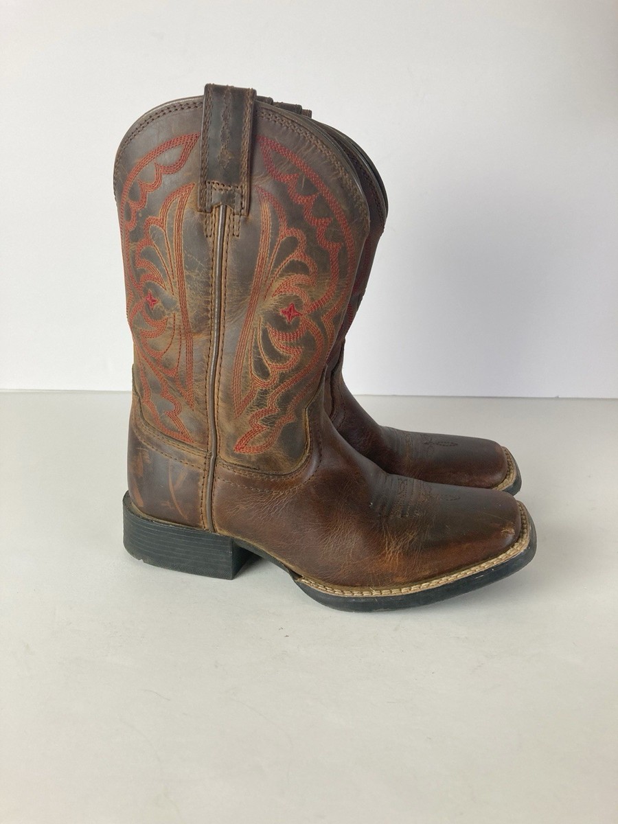 Ariat Western Cowboy Boots Brown Leather Red Embroidery Little Kid