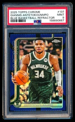 2025-26 TOPPS CHROME #137 GIANNIS ANTETOKOUNMPO BLUE BSK REFRACTOR #95/150 PSA 9