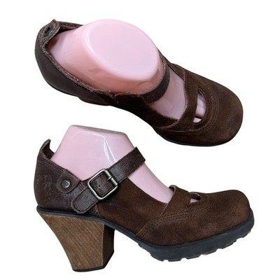 London Underground Mary Jane Platform Heels 9 Brown Suede Block Buckle Y2K 90s