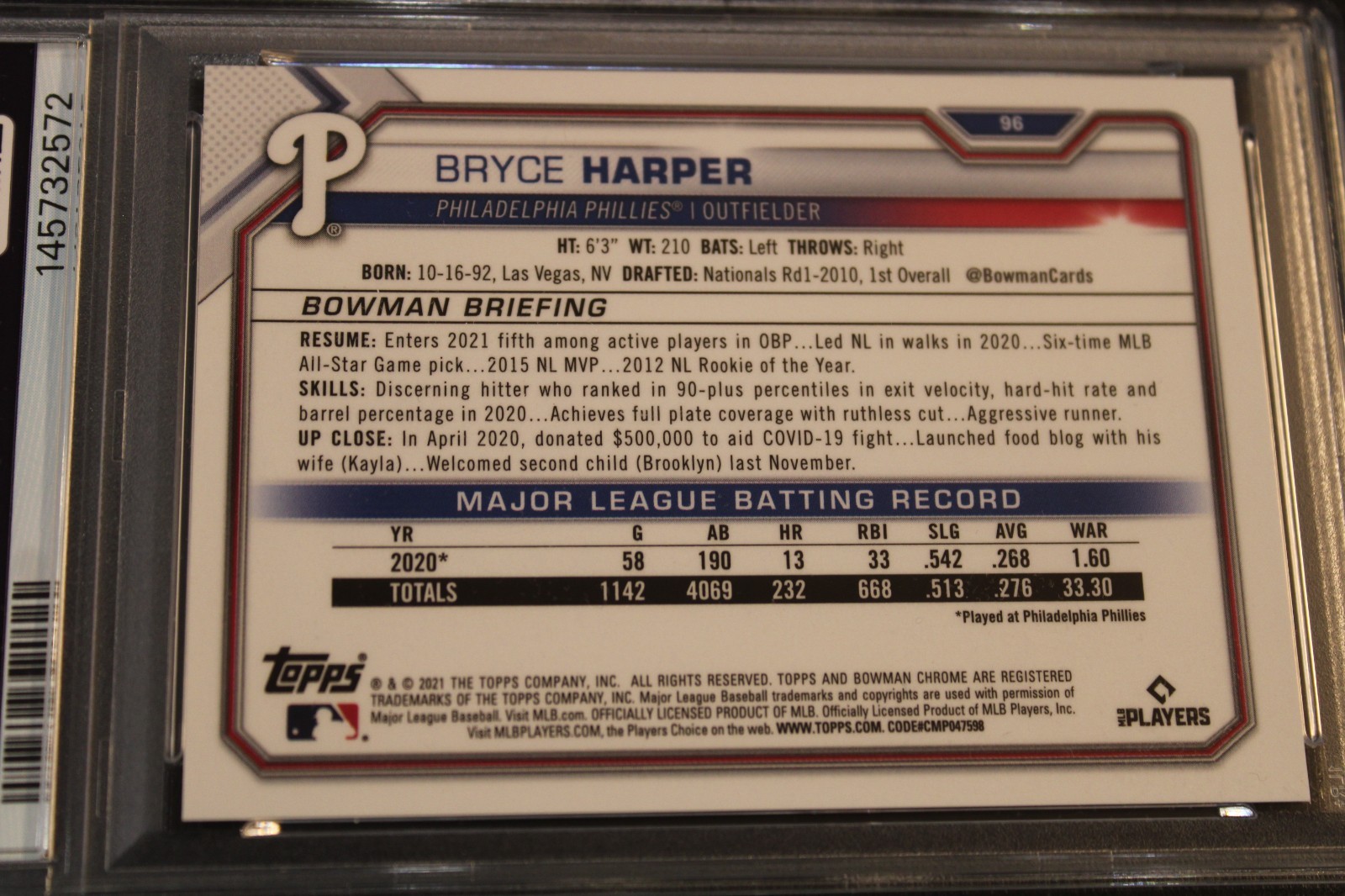 2021 Bowman Chrome - Gold Refractor - Bryce Harper 10/50 - PSA GEM MINT 10 view 4