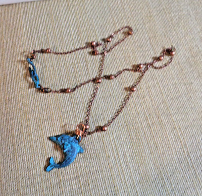Artisan crafted, Beautiful 24x30 mm patinaed leaping dolphin pendant, on 22  cop