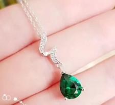 Lab Created Emerald 3Ct Pear Cut Women's Pretty Pendant 14K White Gold Plated