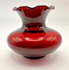 Vintage Anchor Hocking Royal Ruby Red Glass Bud Vase w/ Ruffled Top 3.25”