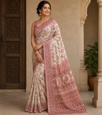 Pashmina Silk Saree   Ivory Floral Weave, Rich Pink Border, Indian Ethnic Wear
