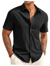 Mens Button Down Shirts Short Sleeve Casual Dress Shirt Summer Large Black