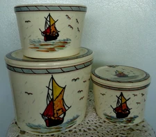 RARE Vintage Stacking Refrigerator Covered Bowl Dish Set Sail Boat Ship Nautical