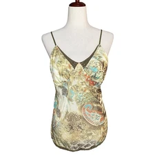 Vtg 00s Y2K Strappy Babydoll Lace Trim Printed Top Womens XL Tan Brown Boho