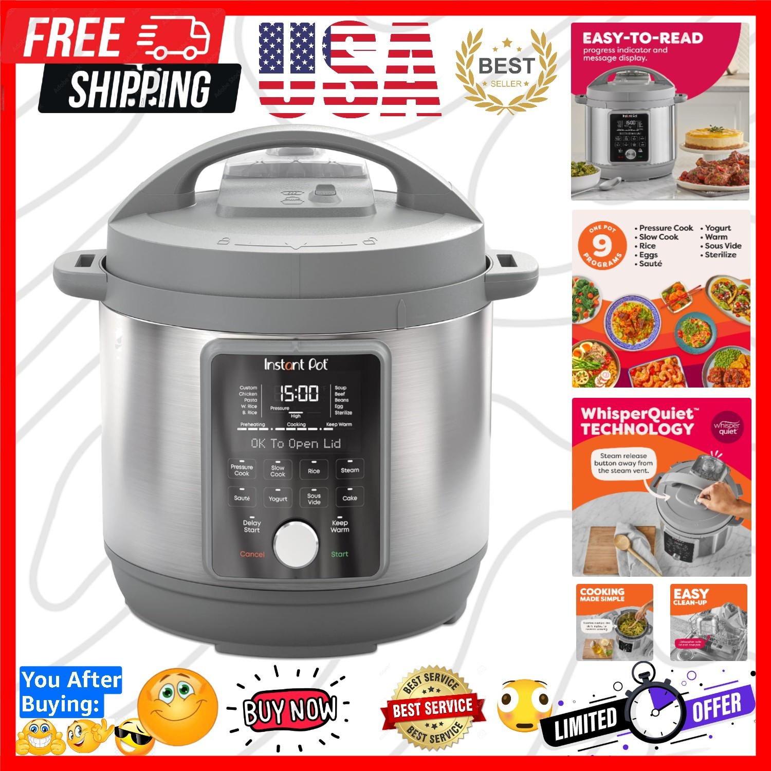 8-Quart Whisper Quiet 9-in-1 Electric Pressure Cooker, Slow 