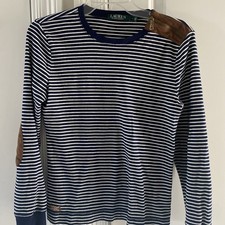 Lauren by Ralph Lauren Navy White Stripes Knit Elbow Patch Shoulder Zip Sz L