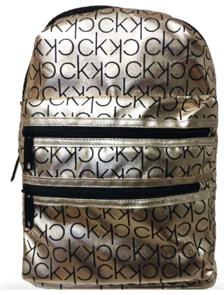 calvin klein grey logo print leather backpack Calvin Klein CK Gold Metallic Logo Print Designer Backpack NEW Women's Bag