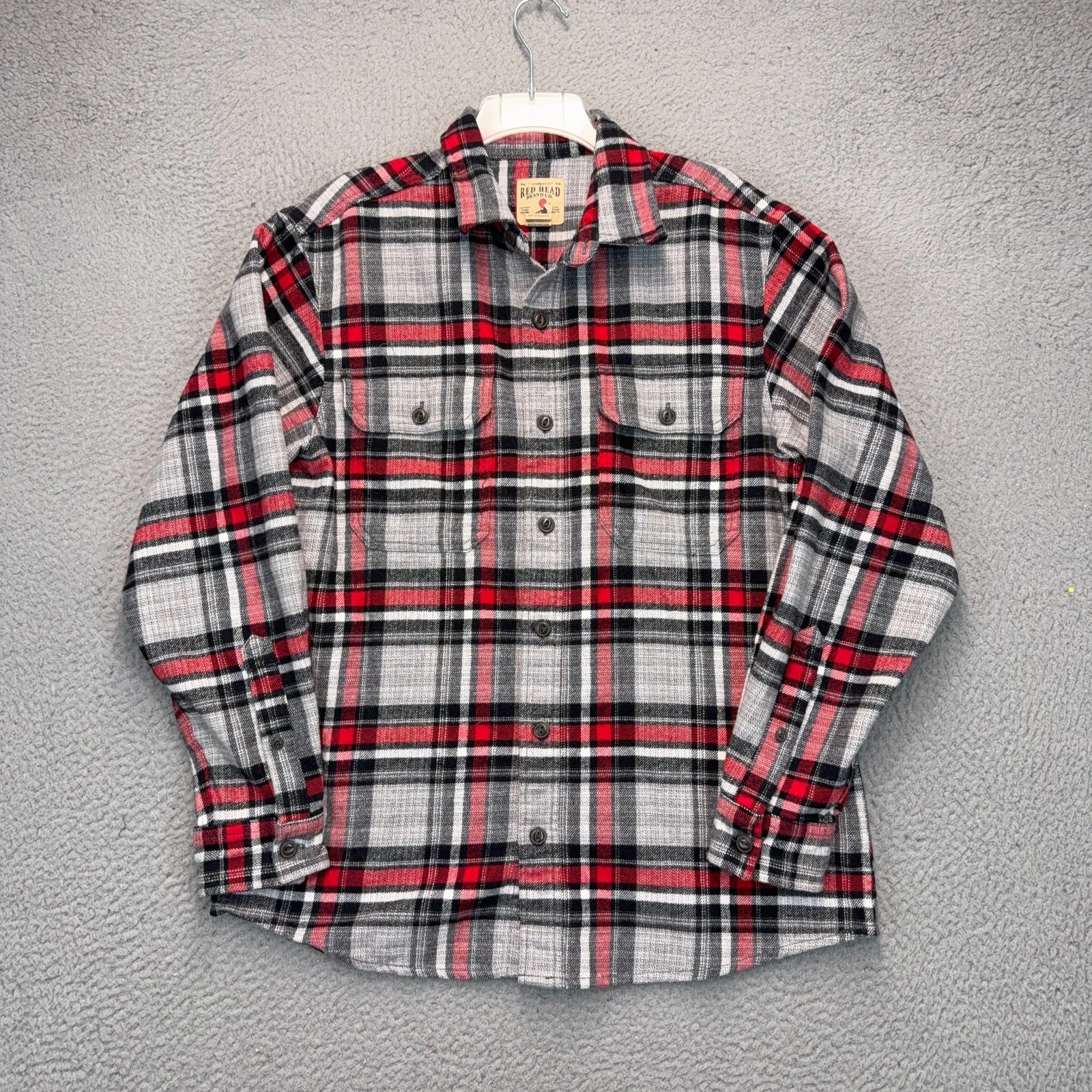 Red Head Flannel Shirt Mens Large Red Gray Plaid Pockets Soft Cotton Outdoor