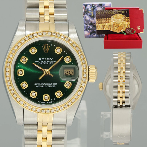 GREEN DIAMOND Ladies Rolex DateJust 26mm 69173 Two Tone Gold J...