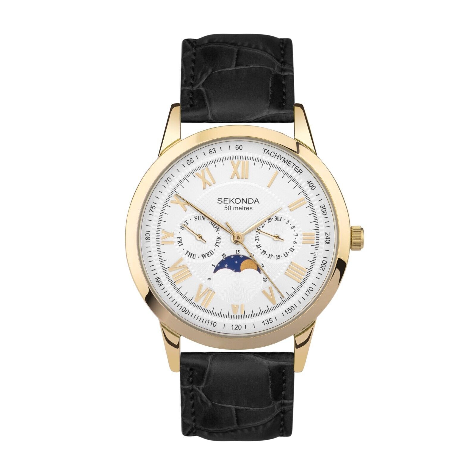 Sekonda Armstrong Moonphase 40mm Watch With Black Leather Strap and Gold Case