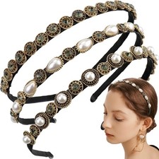 3 Pcs Pearls Rhinestones Thin Headbands for Women Girls Luxury Vintage Hair B...
