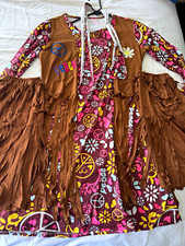 Hippie Costume Women  s M 60s 70s Flower Power Fringe Dress  Accessories 4 pc