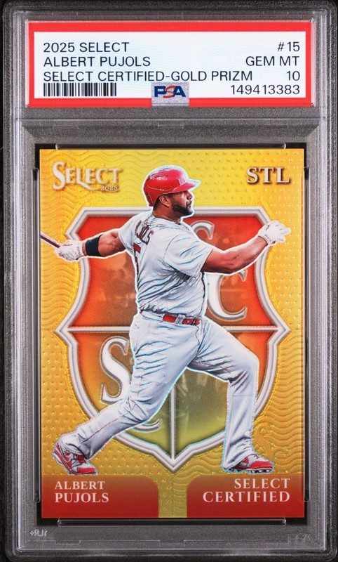 2025 PANINI SELECT CERTIFIED 15 ALBERT PUJOLS GOLD PRIZM /10 PSA 10 Jersey Match