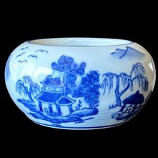 Blue White Chinese Porcelain Cache Pot Hand Painted Jardiniere Flower Pot 5” VTG