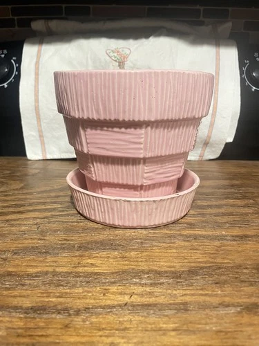 Vtg McCoy Pottery Pink Basketweave Planter Pot w/Attach Saucer