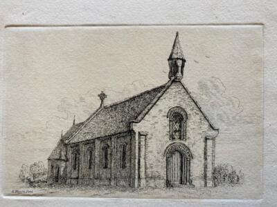 GRAVUR KLEINE DRAHTLOSE KIRCHENKAPELLE um 1800 graviert von A Moore