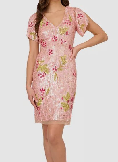 adrianna papell v neck beaded mesh dress Adrianna Papell Beaded Mesh Flutter Sleeve Dress