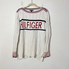 Tommy Hilfiger Women's Cotton Cable Knit Spell Out Pullover Sweater Size Large