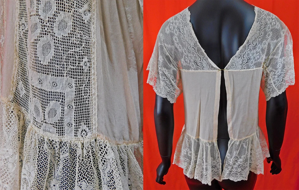 Blusa Camisola Eduardiana Rosa Seda Blanca Valenciennes Bobbin Encaje Peplum De Colección Foto 2 de 4