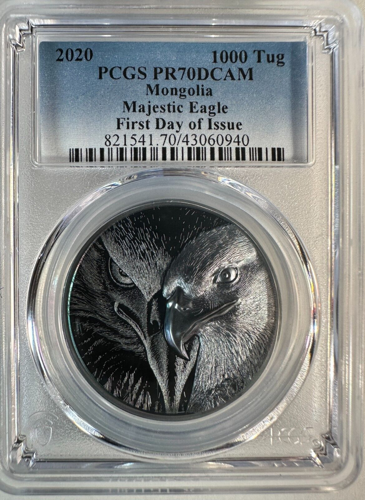 2020 1000 Tug 2oz Majestic Silver Eagle Black First Day of Issue PCGS PR70DCAM
