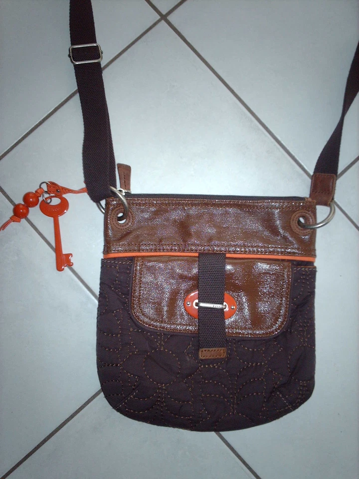 Sac bandoulière FOSSIL tissu/cuir verni marron orange - Photo 1/2