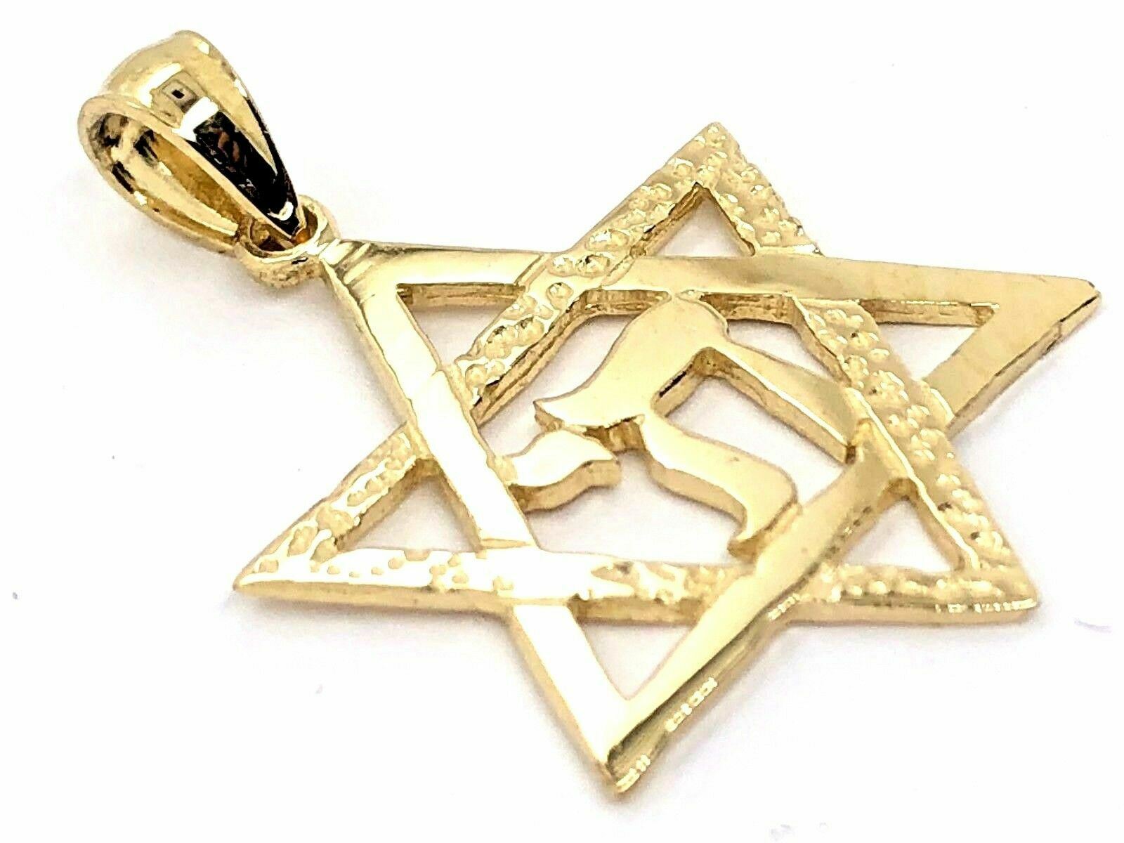 14k Yellow Gold Jewish Star Of David Hebrew Chai Charm Pendant 2.2