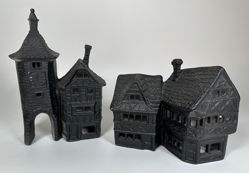 2 Vintage Black Chalkware Spooky Halloween Village Buildings Creepy Decor