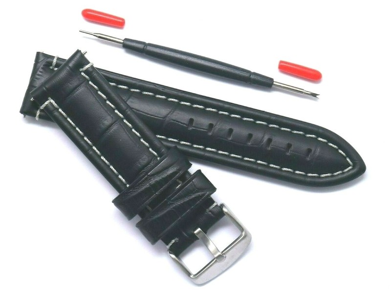 22mm Black Croco Embossed Leather Contrast Stitch Padded Watch Band With Tool