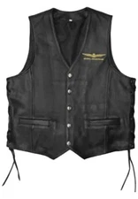 GOLDWING Men's Black Leather Motorcycle Vest – Custom Biker Waistcoat with Black