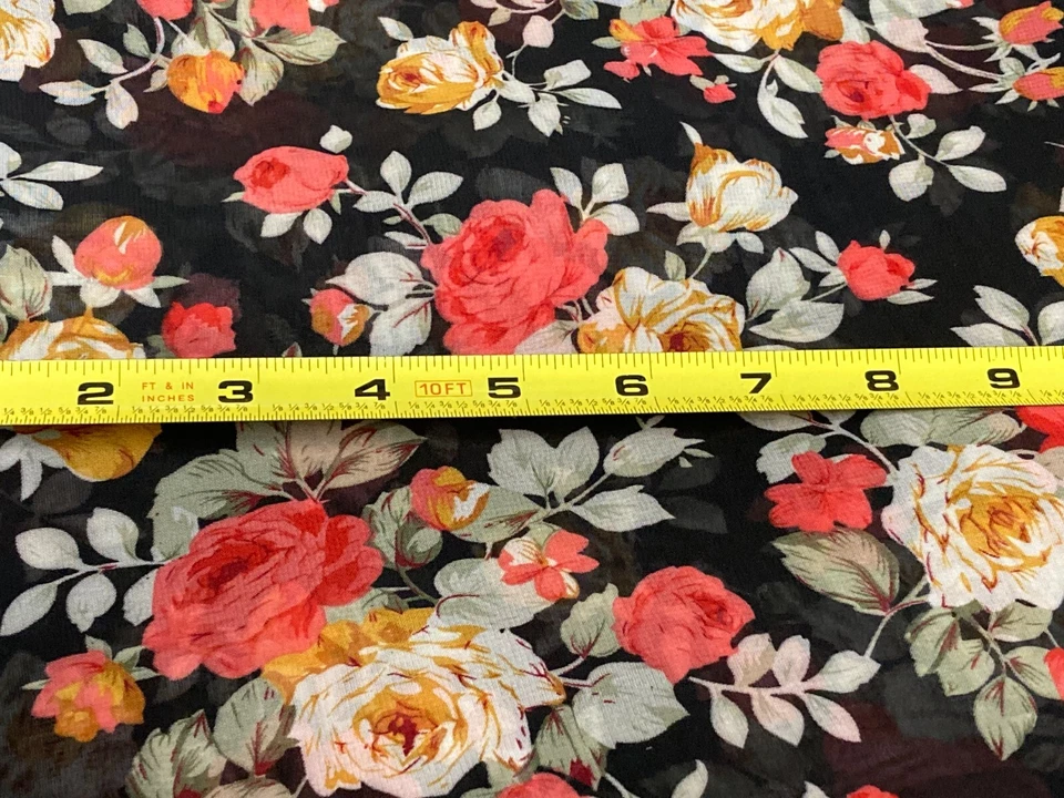 Black Rose Print Chiffon Sewing Fabric 2 yds 60" soft sheer flowing Made in USA - Image 2 of 2