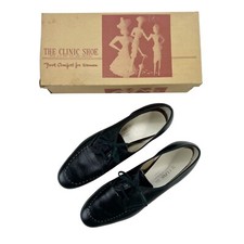 NOS Vtg 60s Womens Shoes The Clinic Shoe Black Leather Sz 9.5 3A Original Box
