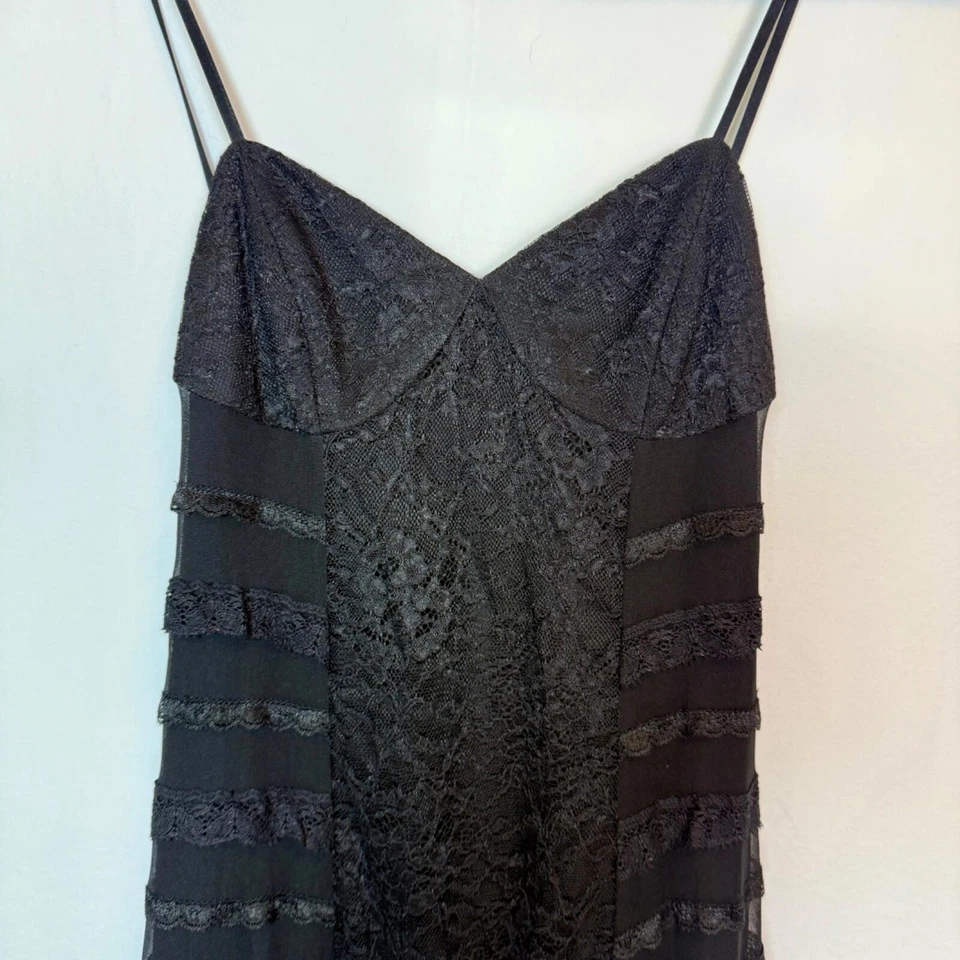 Haute Hippie Size XS Black Lace Silk Slip Dress 100% Silk Midi Handkerchief Hem - Image 3 of 4