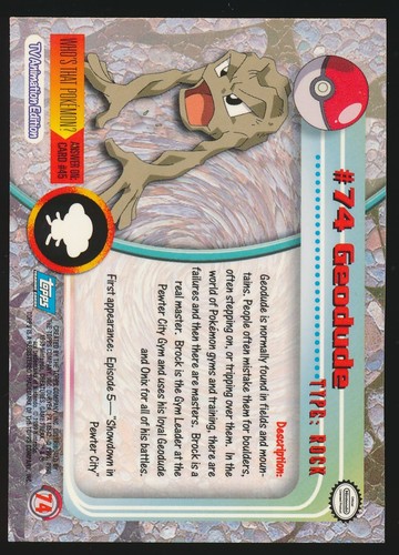 #74 GEODUDE 1999 Topps Pokemon TV Series 1 BLUE LOGO - Picture 2 of 2