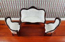 Dollhouse Victorian Living Room Set Sofa Chairs 1:12 Furniture Walnut Finish