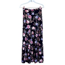 Whimsigoth Dark Floral Tiered Maxi Skirt Small Black Cottage Boho Y2K Flowy